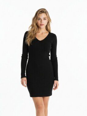 v cut black long sleeve dress